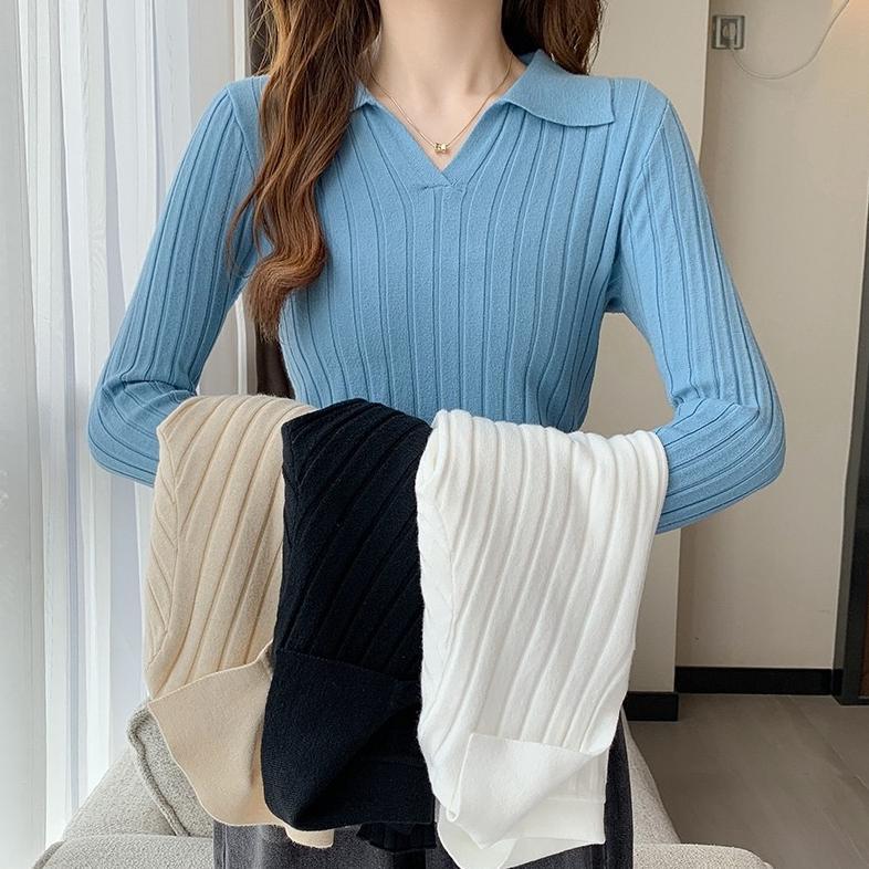 Atasan Wanita Berkerah Rajut | Kaos Crop Rajut Lengan Panjang Kerah Polo | Baju Rajut Wanita Lengan 