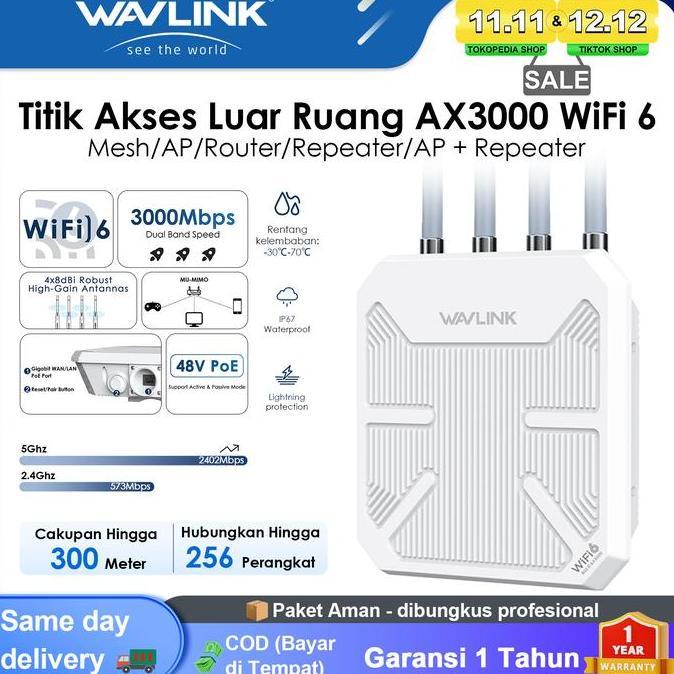 WAVLINK WiFi6 AX3000 Outdoor WiFi Vocher Mesh Extender, Penguat Sinyal WiFi Jarak Jauh, Dual Band 2.