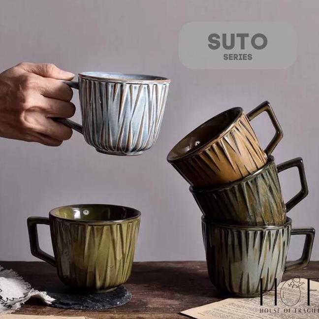Hof Suto Cangkir Ocha Keramik Gagang Gelas Mug Teh Jepang Ceramic Aesthetic Kramik Motif Garis