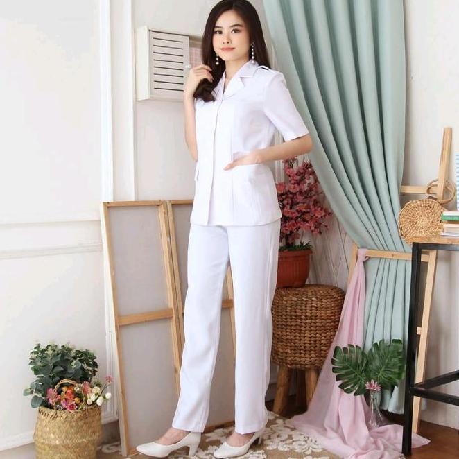 Seragam Blazer Wanita Pns Dokter Model 7006 Warna Putih Lengan Pendek Stelan Celana