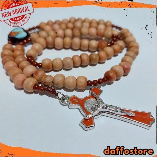Baru Kalung Rosario Cendana 77 Bapa Kami Kayu 8Mm Katolik Aksesoris Souvenir Salib Pria Wanita Tali 