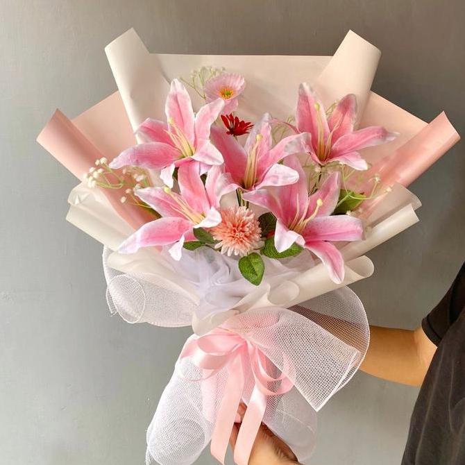 Terlaris Buket Bunga Valily Flower Bouquet Artificial Bucket Palsu Buatan Awet Lily White Pink Korea