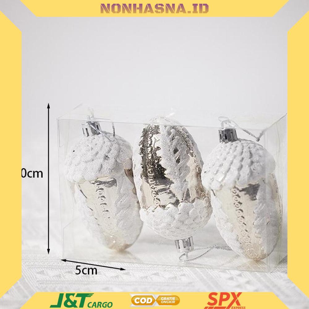 3pcs Hiasan Natal Silver Acorn Biji Pohon Ek ornamen Gantungan Pohon Natal Dekorasi Christmas Tree -