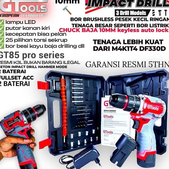BEBAS ONGKIR - GTOOLS RAJA BOR IMPACT DRILL BRUSHLESS TYPE GT85PRO 10MM KEYLESS AUTO LOCK 2BATERAI M