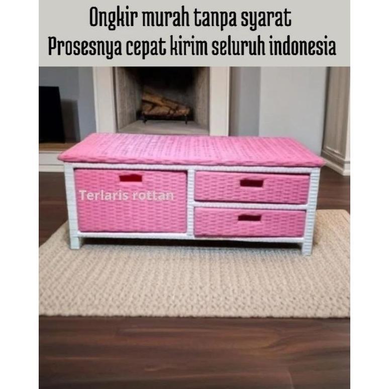 (Ready stok) Meja TV Rotan Sintetis Rak Laci 3 Rak Buku susun