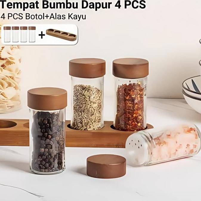 Botol Bumbu dari Kaca 120Ml Tempat Bumbu Dapur Set 4 Pcs Spice Jar +Tutup Kedap Udara Toples Bumbu K
