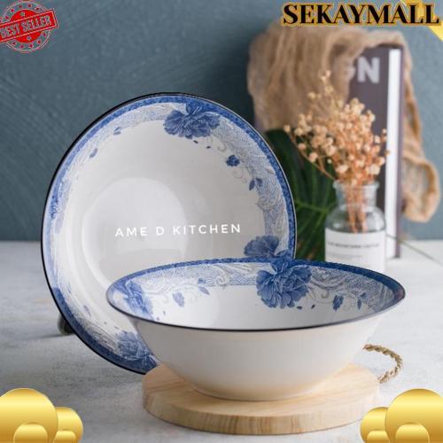 Langsung Kirim Mangkok Bijian Keramik Bulat Besar 9"/ Mangkok Sayur Motif Bunga Biru