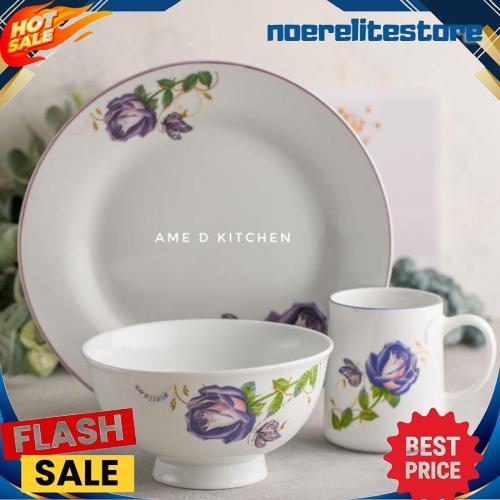 Harga Grosir Piring Makan Set 3 Pcs Keramik Putih Rose Ungu Kupu Winston