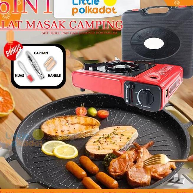 Littlepolkadotset Grill Pan Dan Kompor Portablea Alat Panggangan Grill Pan Bbq Korean Wajan Bbq Gril