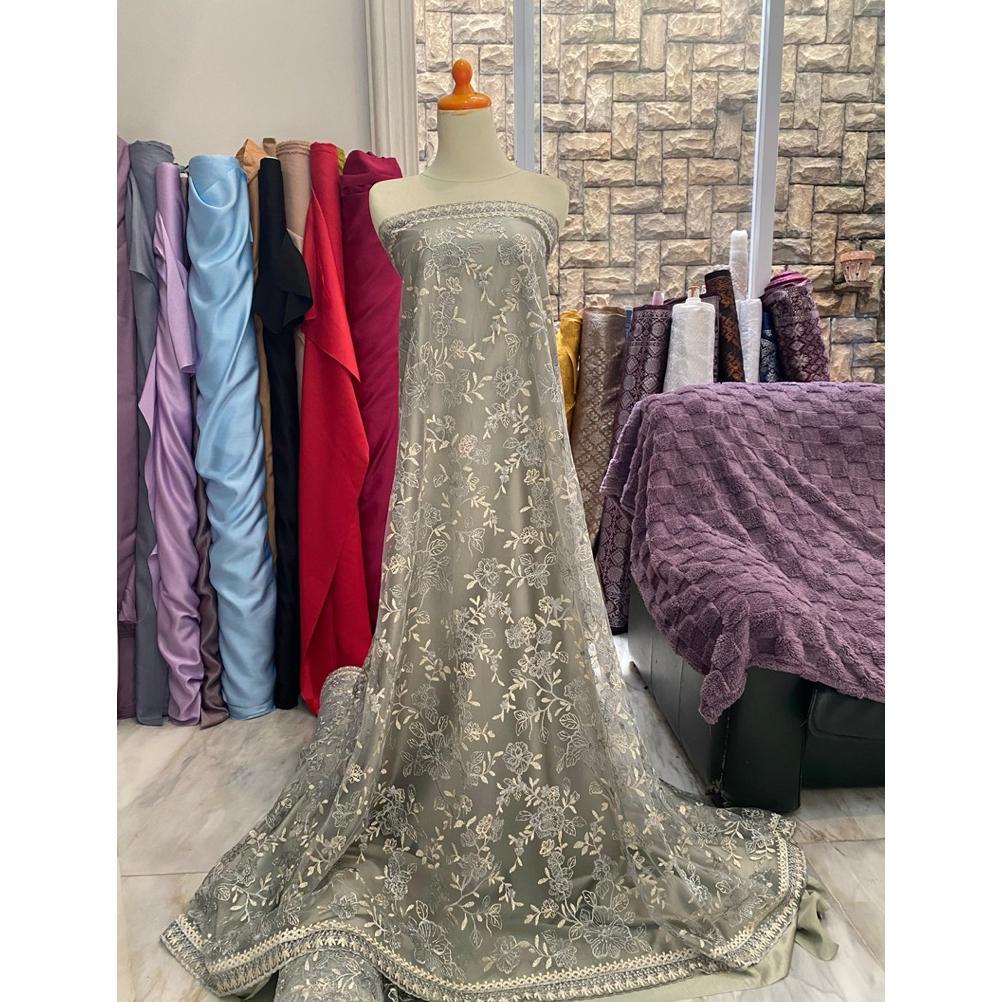 Bahan Kain Kebaya Tile Brokat Peony Series Embroidery Bordir Tumpal Tepi 2 Tone Warna Ash Green - Go