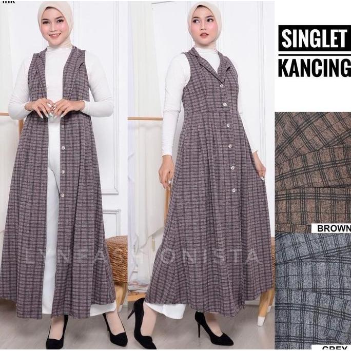 LONG CARDIGAN OUTER WANITA FASHION MUSLIMAH KANCING HIDUP MOTIF TARTAN KOTAK/IZORA Terlaris