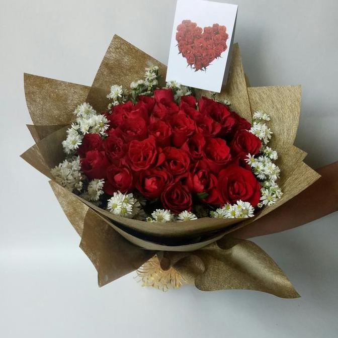 Grofwall - Buket Mawar Asli 3 Tangkai Peachok Kado Wisuda Ulang Tahun Free Kartu Biru