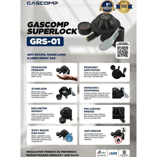 GASCOMP Paket Regulator Superlock 01 Klik + Selang (GRS-915) Regulator Kompor Gas Superlock Regulato