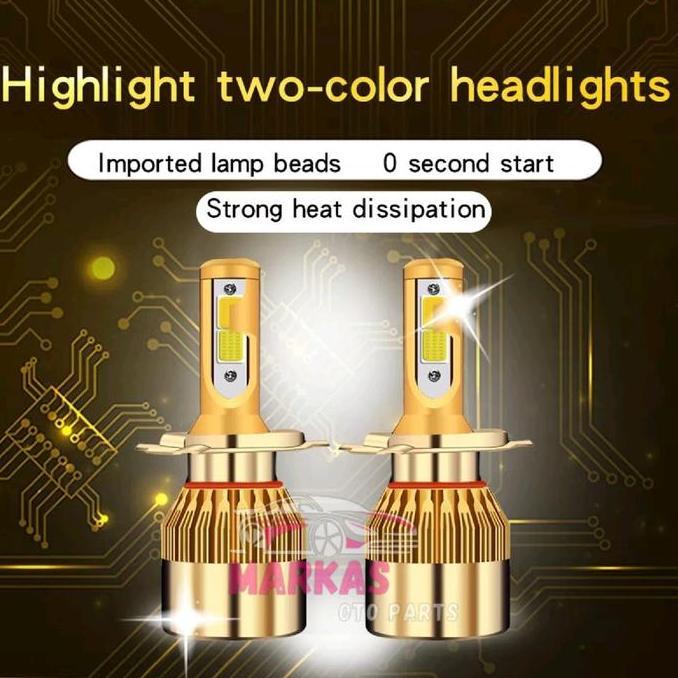 Lampu Led Mobil C6 Gold 2 Warna Headlamp Foglamp H11 H7 HB3/9005 HB4/9006 COB 36Watt 1set 2pcs Car B