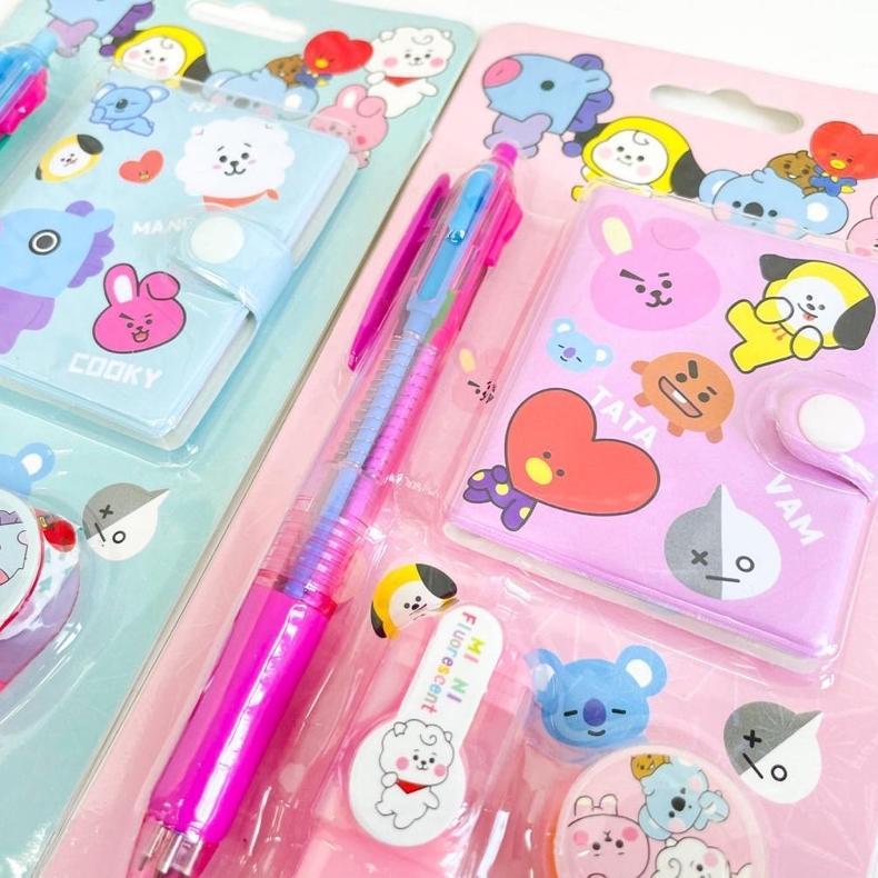 1 Set Alat Tulis 4In1 Buku Pulpen Highlighter Tape Bts Notebook Bt21 Murah Baru
