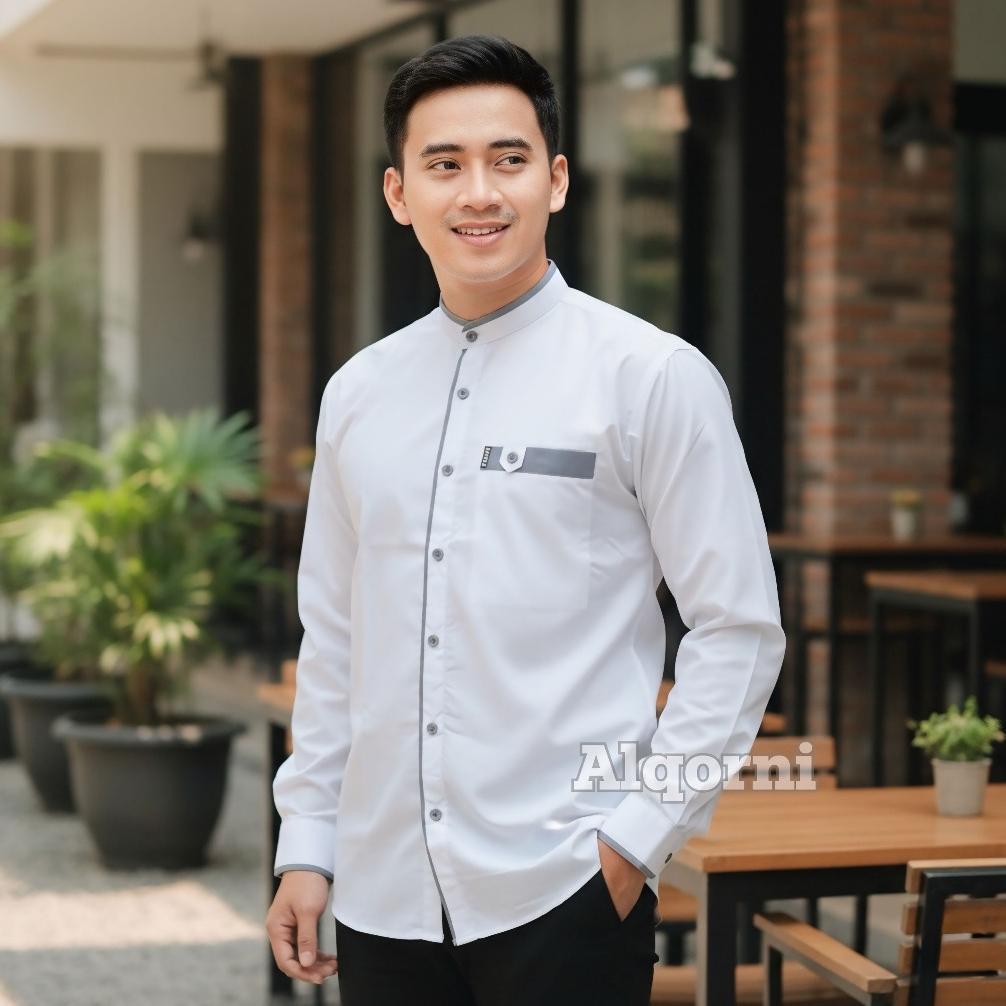 Baju Koko pria Dewasa Atasan Muslim Pria Dewasa Lengan Panjang Polos Putih - Kemko List Series