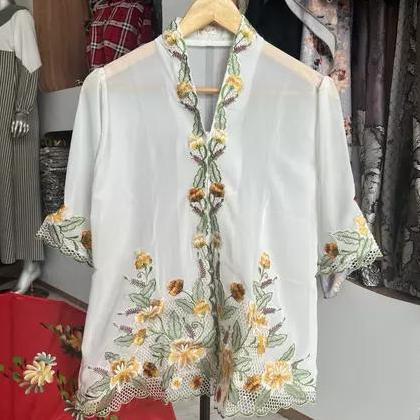 Kebaya Encim sifon Bordir bunga anggrek Chrysaora lengan pendek