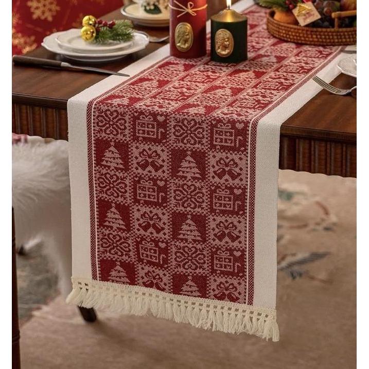 Table Runner Raya Merah Taplak Meja Natal Estetik Alas Meja Makan Dekorasi Ruang Tamu