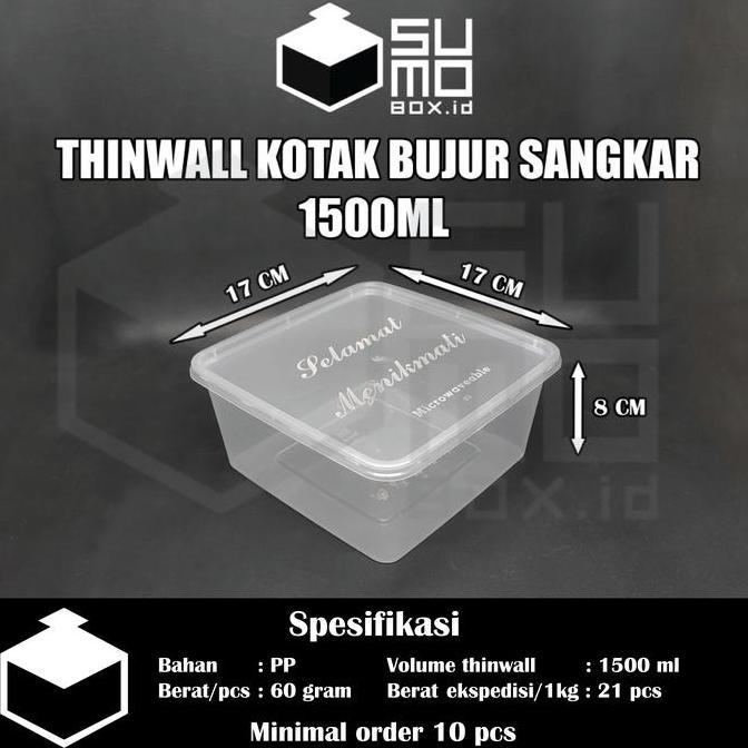 New- Thinwall Bujur Sangkar 1500ml + Tutup / Kotak Makan Plastik [ECERAN]