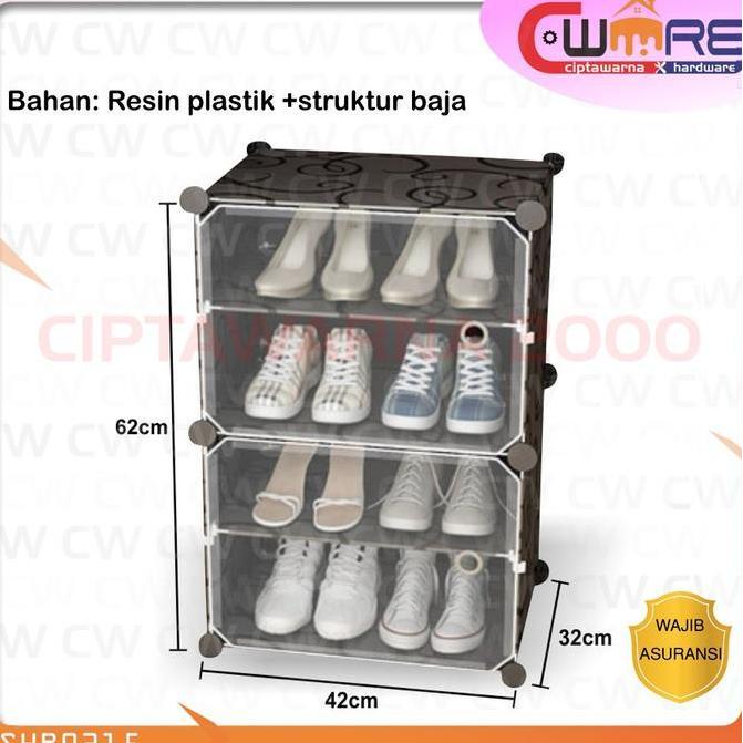 ,,,,,,,] Rak Sepatu Plastik 4 susun Portable Bongkar Pasang Pintu transparan