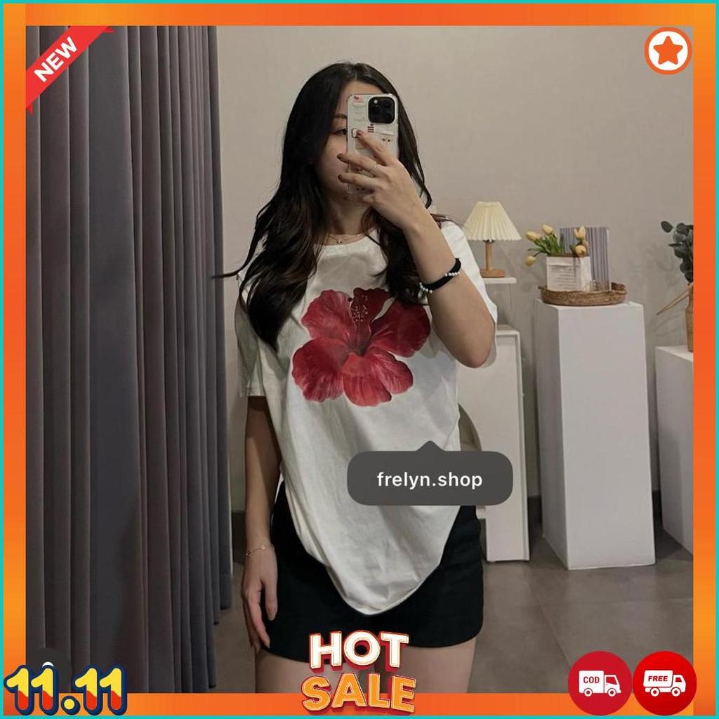 Frelyn Shop Bunga Merah Oren Black White Tshirt | Baju Kaos Tumblr Tee Zara Disney Sanrio Oversize C