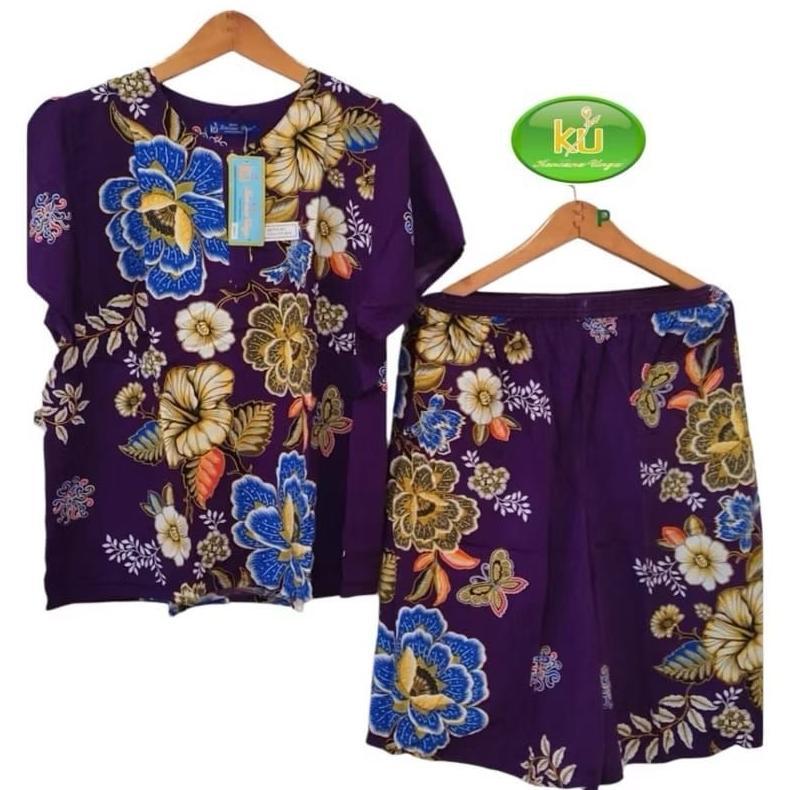 DRESS STELAN KULOT BATIK KENCANA UNGU LABEL BIRU / DASTER SET CELANA MAXI 75 LENGAN PENDEK