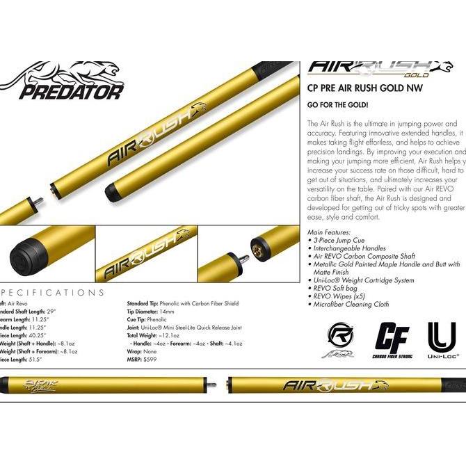 Predator Air Rush Gold Carbon Jump Cue NW - Limited Edition Stick Billiard Bola Loncat Karbon Terlar