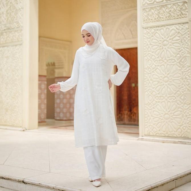 Murah Zm Zaskia Mecca - Bivana Midi Dress Gamis - White Series - Binar Samudra Bordir Crinkle