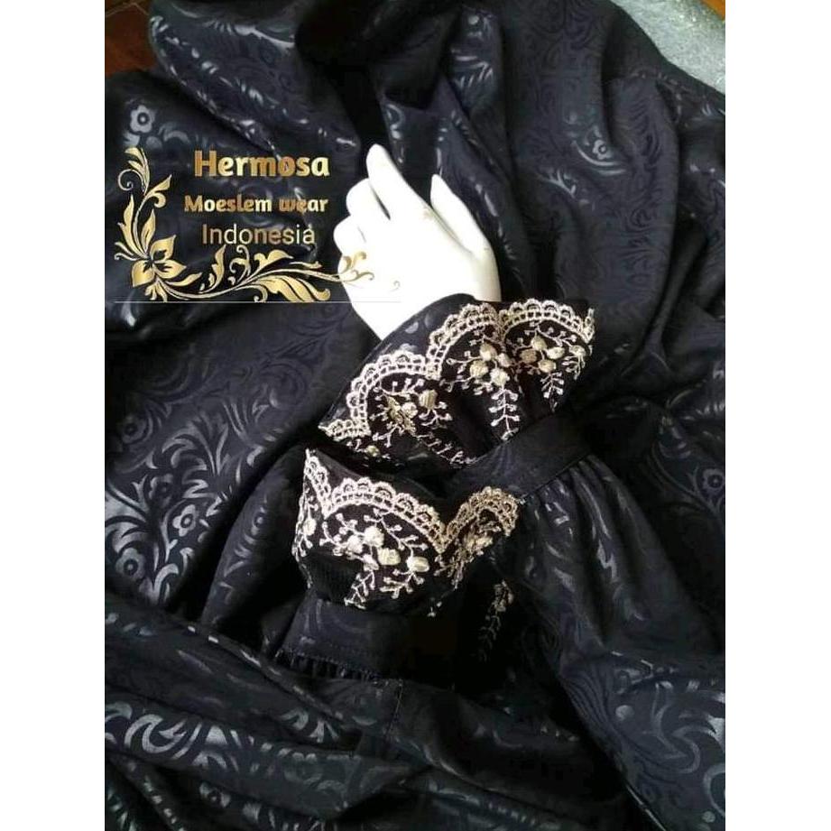 Sale [Gamis Hermosa] Gamis Embos Hermosa Motif Flower Warna Hitam Manset Renda-Gamis Syari Manset Re