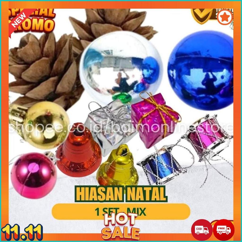 Set Aksesoris Pohon Natal Mini | Bola, Drum, Lonceng, Kotak Kado & Biji Pinus [N1]