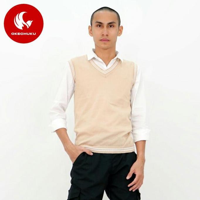 Okechuku Rompi Rajut Pria Vest Rajut Pria KREM LIST PUTIH Vest Pria DS