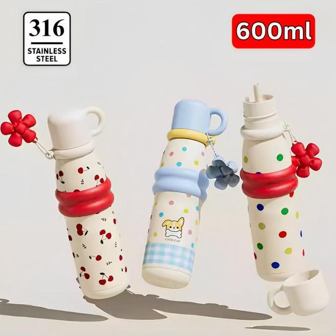 Botol Minum Stainless Steel 600Ml / Tumbler Portable Insulated Bottle With Mug Kawai