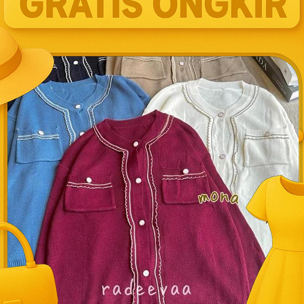 Mona Cardigan Button Mutiara Knit Atasan Rajut Cardi Wanita Kantong Aesthethic Korean Style