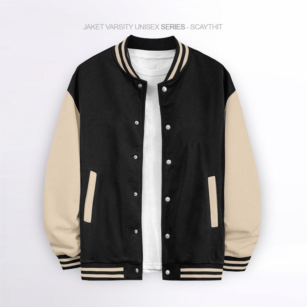 Scaythit - Jaket Varsity Polos Hitam Cream Unisex ( Pria - Wanita ) Remaja Dewasa
