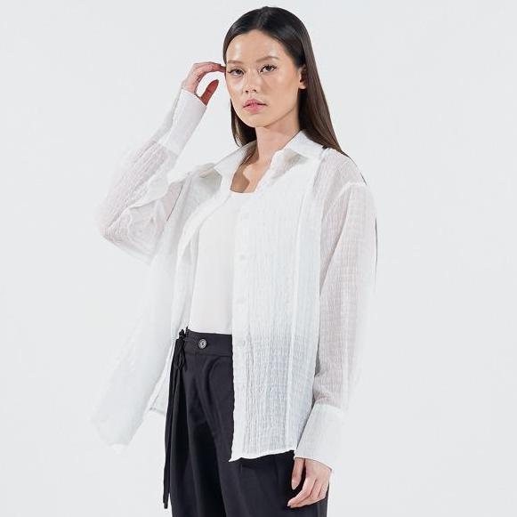 This Is April Atasan Kemeja Textured Wanita Lengan Panjang Luizy Top White dan Navy