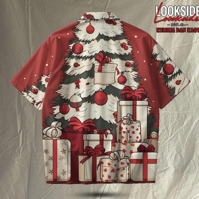 LOOKSIDE Kemeja Liburan Natal Pria Baju Merah Motif Pohon Natal Lucu | LOK210