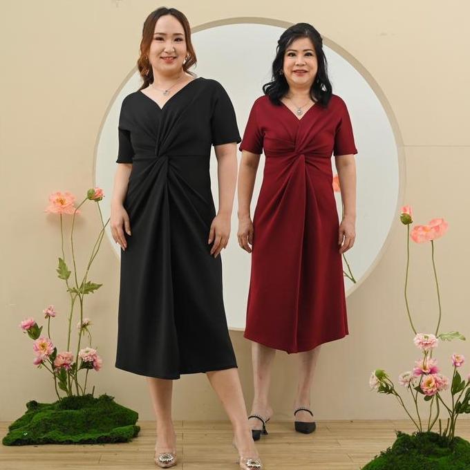 (Victoria Wear House) Lana Dress Midi Scuba Lengan Pendek Leher V Neck Polos Dres Gaun Terusan Wanit