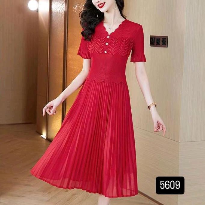 Dress Plisket korea Import 5524/5219 /5521 Glitter lengan 7/9 Lengan pendek