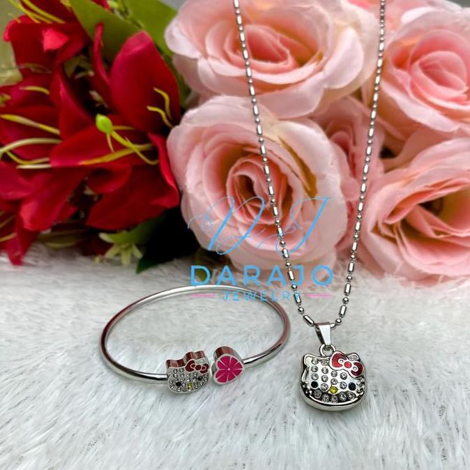 [BISA COD] 1 SET Kalung Sehat Quantum Pendant HELLO KITTY DEWASA Dan ANAK ANAK Gelang + Kalung + Box