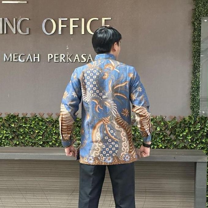 Kemeja batik pria exclusive panjang bahan dobby semi sutra premium - full jahitan smok bordir dan fu