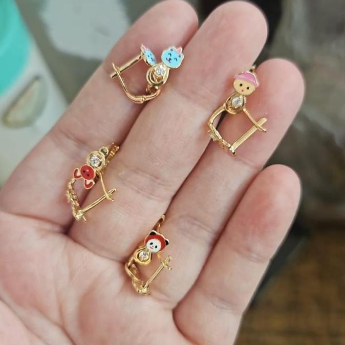 anting jepit anak karakter winnie the pooh pink kelinci lucu emas asli