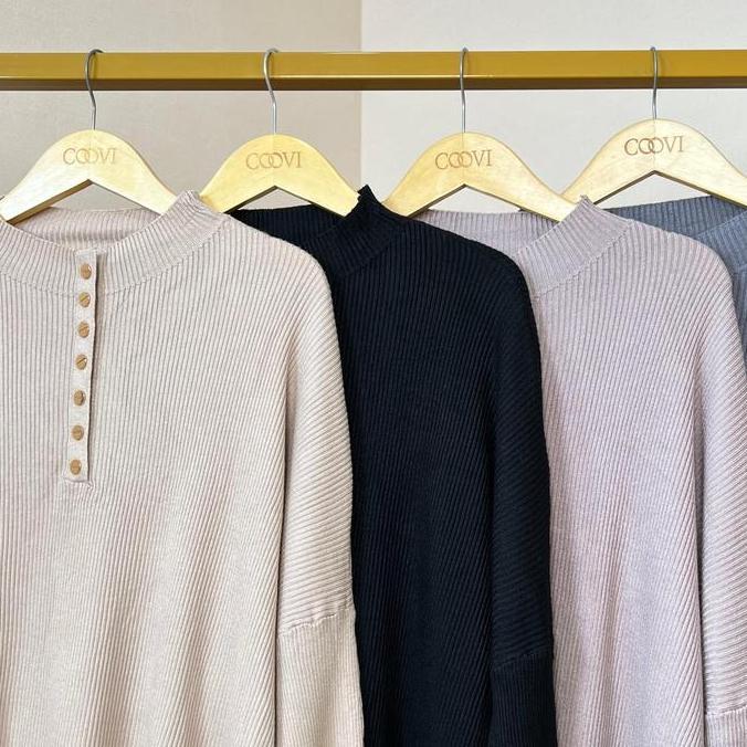 COOVI Folly Tunik Oversize Gold Button - Atasan Tunik Wanita Lengan Panjang Polos Knitwear Rajut