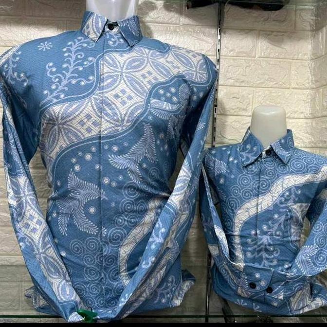 GOKIL Biru Muda Batik Katun Couple Ayah Anak Motif Kawung Modern Elegan Baju Batik Keluarga Premium 