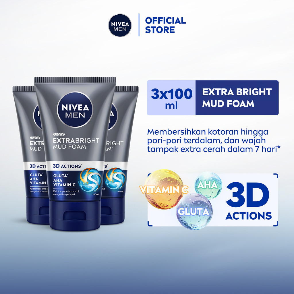 (PAKET HEMAT ISI 3) NIVEA MEN Mud Foam Extra Bright Mud Foam 100ml - Sabun cuci muka pria mencerahka