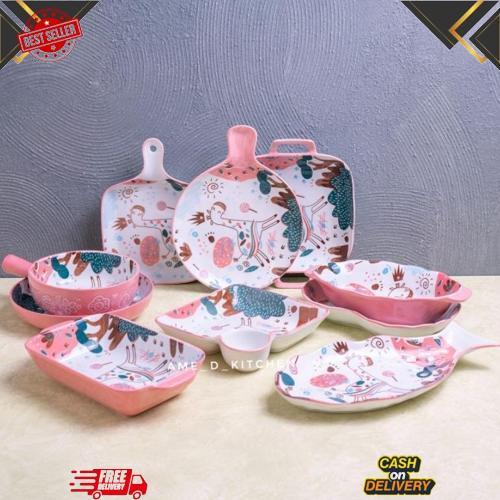 Grosir Piring Saji Set, Piring Baking, Mangkok Gagang Keramik Pink Korea Unik, Lucu Happy Giraffe Ca
