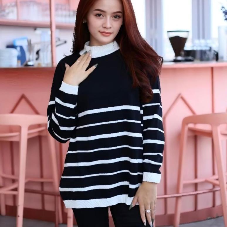 Sweater Rajut Knit Korea Wanita Oversize Jumbo Motif Garis Haru Sweater Baju Knit Rajut Wanita