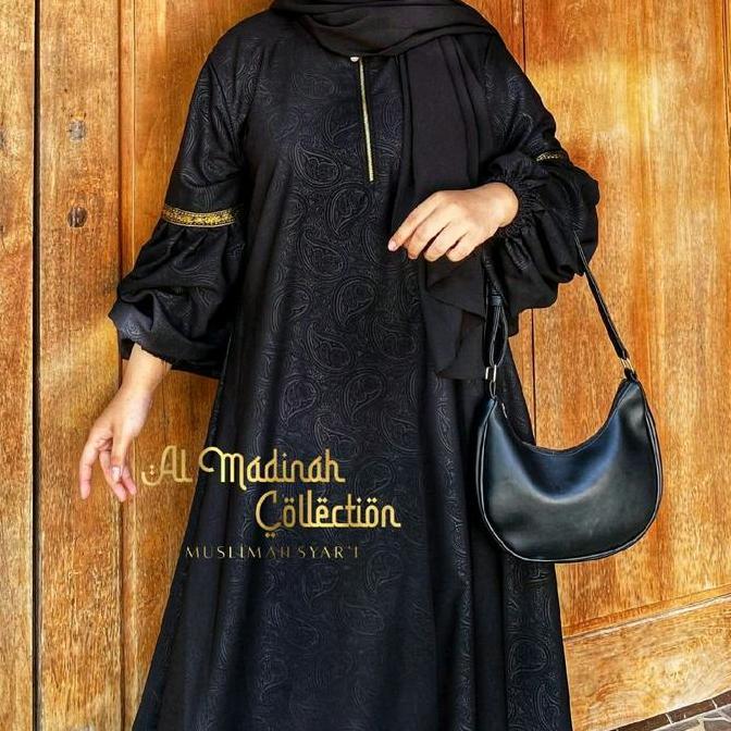 New- Abaya Shiva/Abaya Embos Lengan Balon Temboro Wolfis Hitam Full Motif Gamis Muslim Wanita