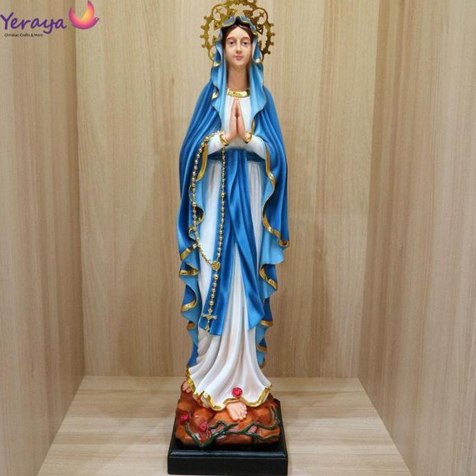 Patung Rohani Katolik Bunda Maria Lourdes Biru Aura Fiber 60cm Pajangan Patung Goa Maria
