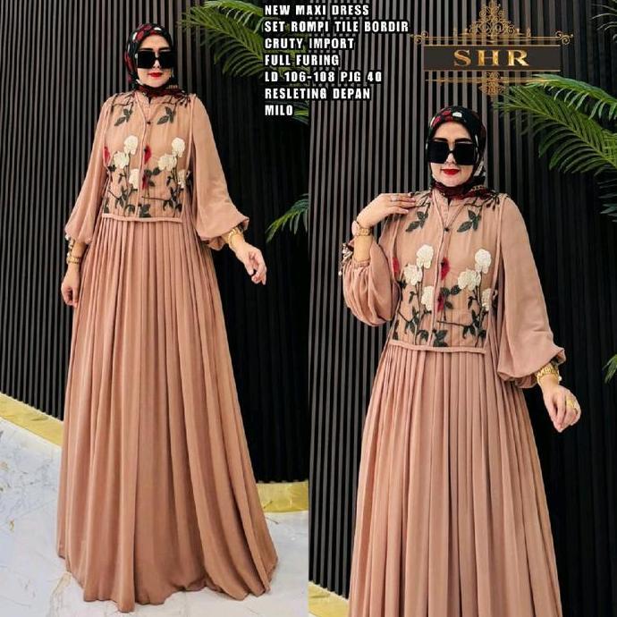 Set Maxi Dress Rompi Ceruty Import Tompi SQUEEN Printing SHR ORI - Dewasa, Lebaran, Wanita, Remaja, 