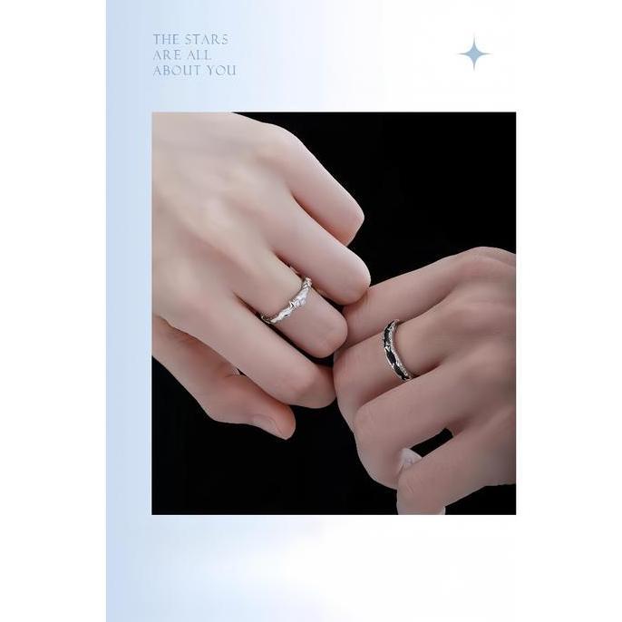 Teconi Cincin Couple Ring Wanita Pria Black and White Star Adjustable Silver 925 CR100 - Garansi 6 B